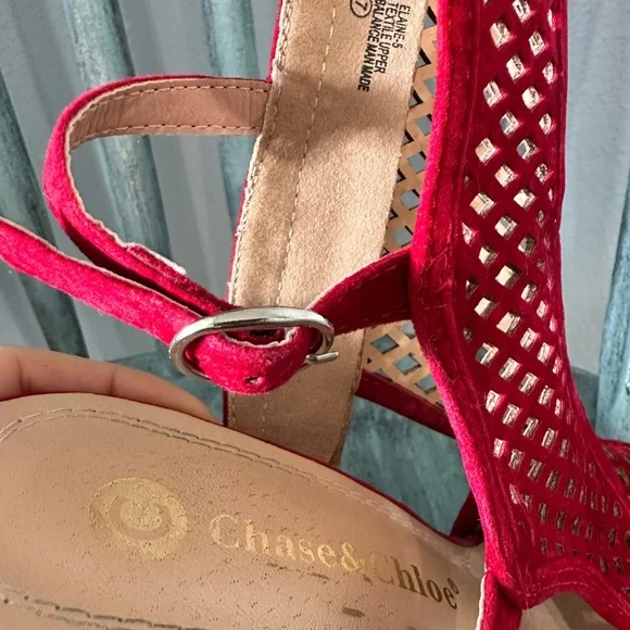 Chase + Chloe Red Suede Peep-Toe Heels - Picture 6 of 6